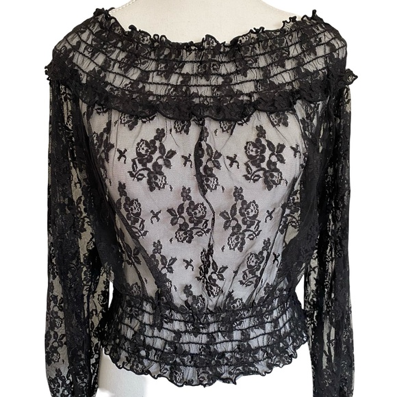 Guess Black Sheer Floral Lace Wide Neck Party Casual Blouse Top- Sz-L - Picture 1 of 16